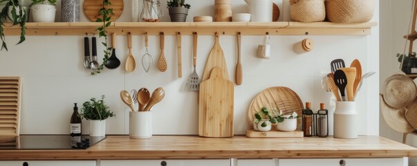 A modern minimalist kitchen with eco-friendly bamboo utensils and zero waste products, promoting...