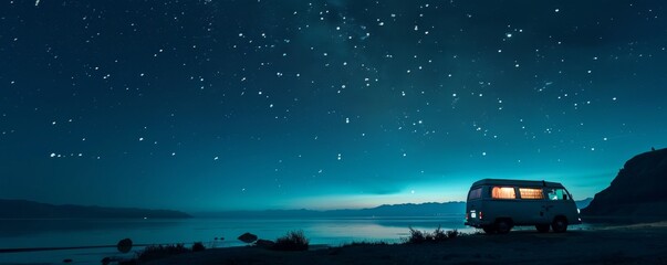 Camper van under starry sky, symbolizing van life adventure.