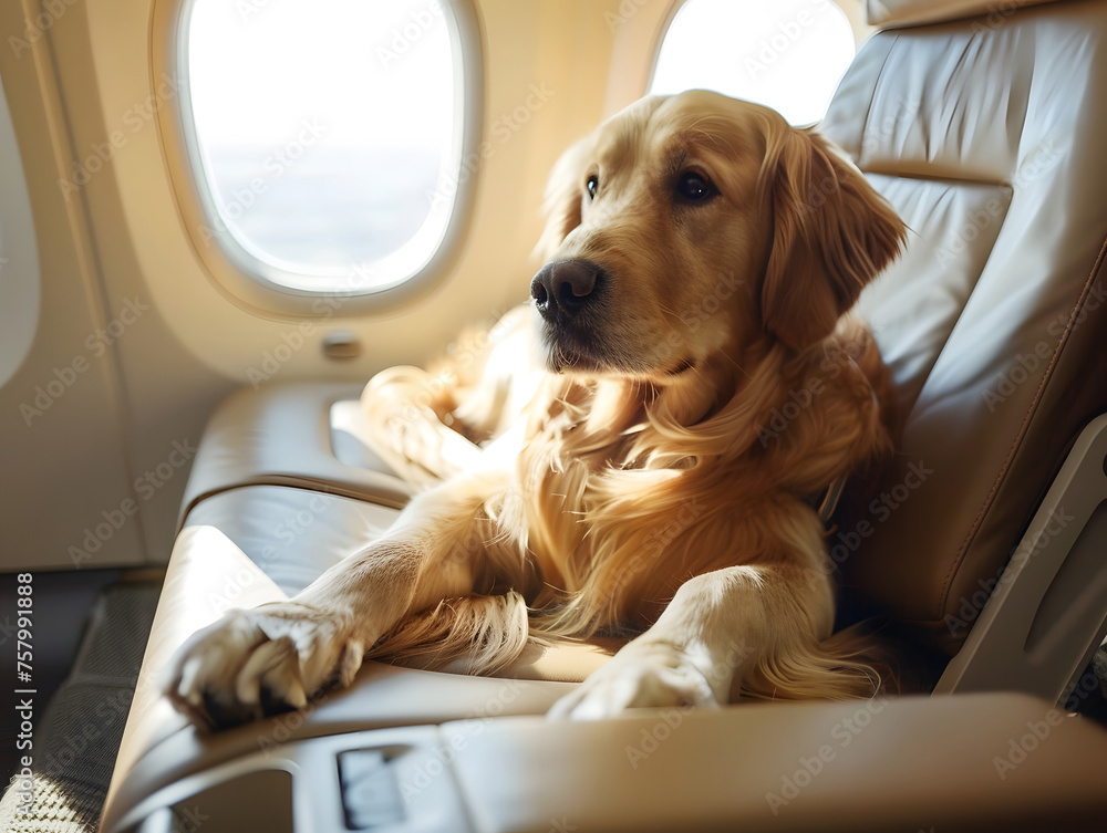 Wall mural a dog on board an airplane. ai generated.