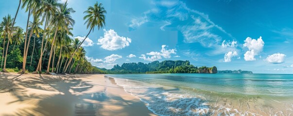 Tropical beach panorama with white sand and coconut palms.