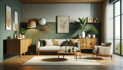 Well appointed living room blending mid century modern furnishings with botanical elements against a sage green wall, creating a warm, inviting space.