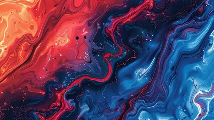 Abstract background of acrylic paint in blue and red tones. Liquid marble texture.