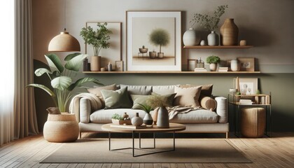 Well appointed living room blending mid century modern furnishings with botanical elements against a sage green wall, creating a warm, inviting space.