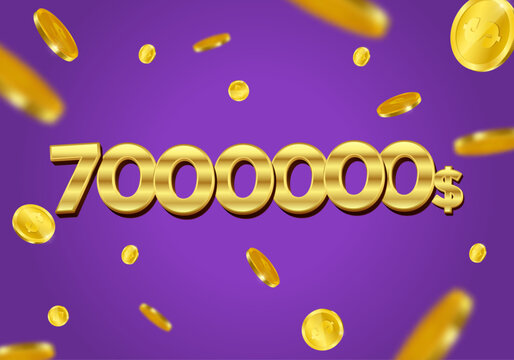 7000000 Dollar gift or offer poster with flying gold coins. Seven Million Dollars coupon voucher, cash back banner special offer, casino winner. Vector illustration.