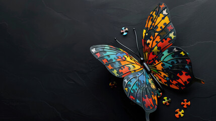 World autism awareness day card or banner, autistic colorful puzzle butterfly logo on black background  - obrazy, fototapety, plakaty