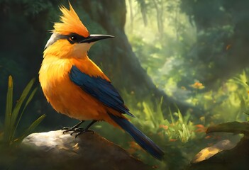 a colorful bird sitting on a rock in a forest - Powered by Adobe