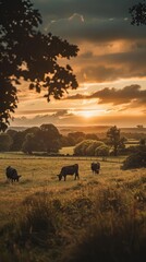Cows grazing at sunset in a serene countryside field.