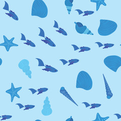 Seamless pattern with starfish, corals, pearls and seashells. Vector background with marine theme.