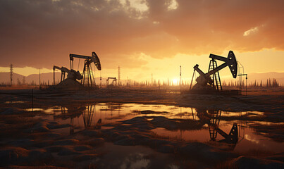 Oil and gas industry. Working oil pump jack on oil field at sunset. Industrial theme.