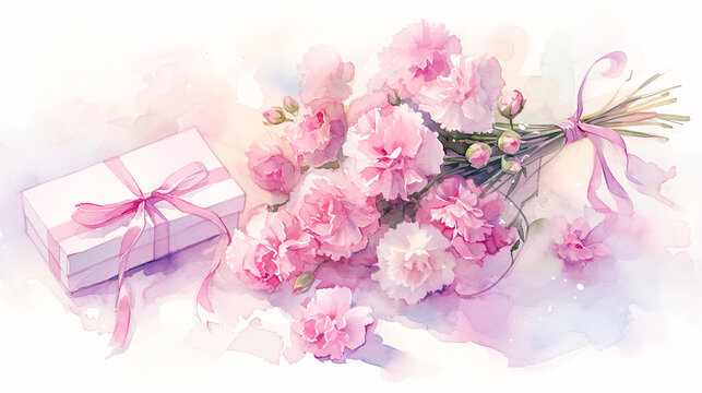 母の日のプレゼントとカーネーションの花束の水彩イラスト