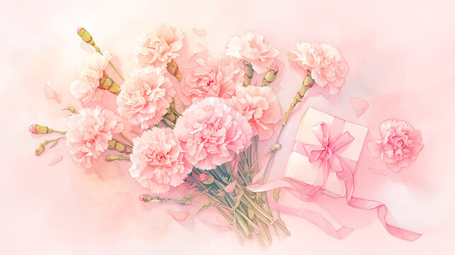 母の日のプレゼントとカーネーションの花束の水彩イラスト