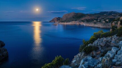 Fototapeta na wymiar Full moon over sea at night, creating a tranquil, scenic panorama.