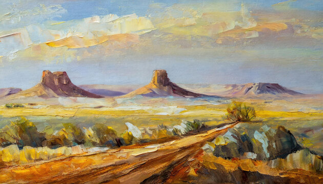 An impressionist style oil painting of landscape in Arizona, America