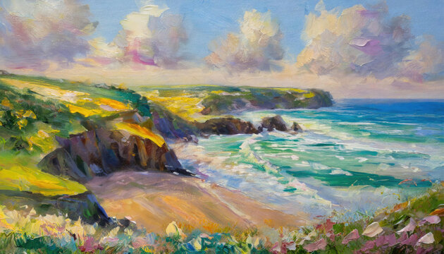 An impressionist style painting of the coastline in Cornwall, England