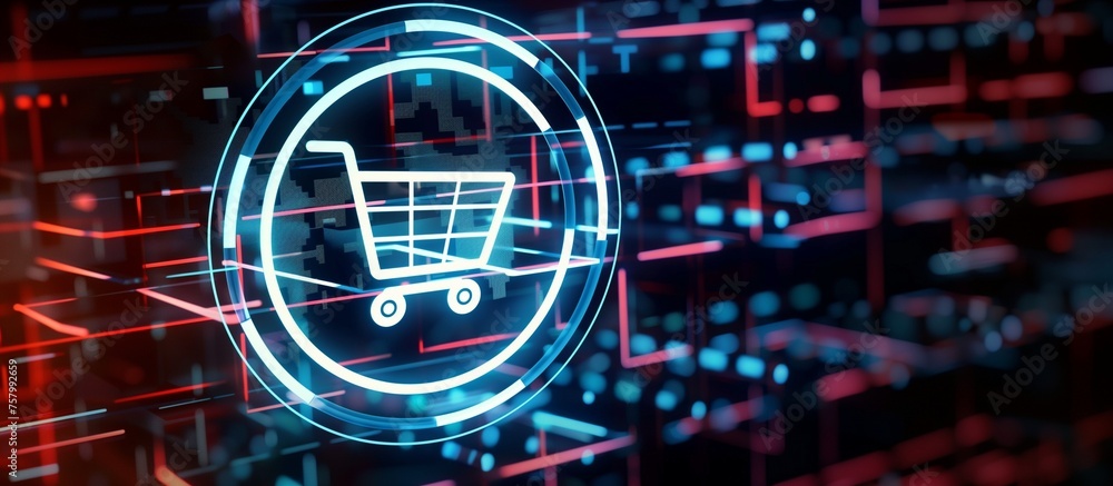Poster artificial intelligence in retail concept, featuring a high-tech background and a prominent shopping