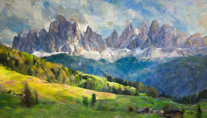 An acrylic and oil style painting of the Dolomites and Italian mountain ranges - 757992626