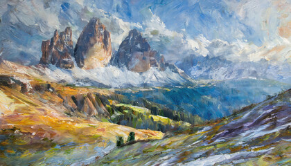 An acrylic and oil style painting of the Dolomites and Italian mountain ranges - 757992655
