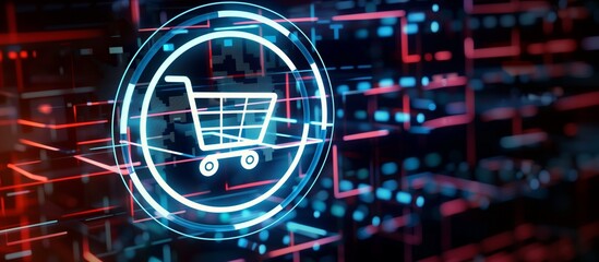 Artificial Intelligence in Retail concept, featuring a high-tech background and a prominent shopping cart symbol, symbolizing the integration of AI in shopping experiences. - obrazy, fototapety, plakaty