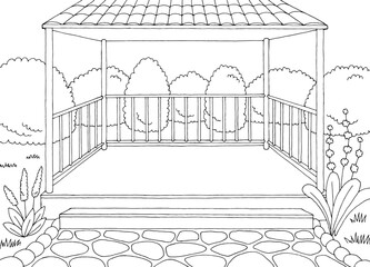 Empty gazebo garden modern graphic black white architect landscape sketch illustration vector - 757992668