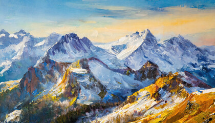 An impressionist style oil painting of a snow mountain landscape scene - 757992690