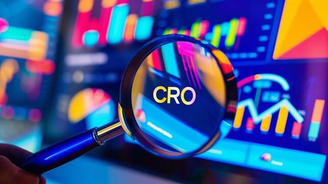 Magnifying glass focusing on a computer screen displaying colorful data charts and graphs with the acronym CRO, symbolizing the process of Conversion Rate Optimization.