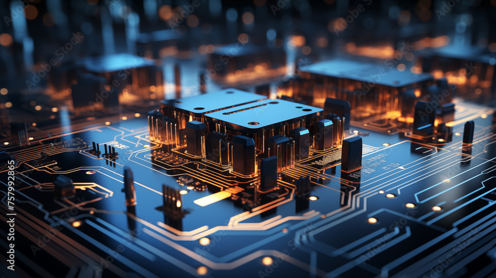 Poster 3d render of cpu core ai generated image background. glowing orange circuitry close up picture wallp