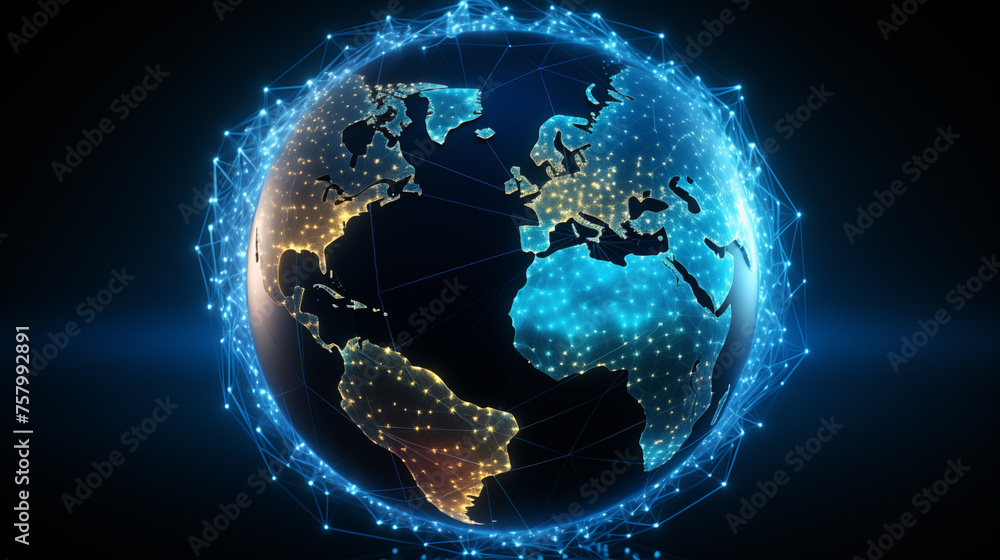 Poster illuminated globe with blue network lines ai generated background image. highlighted continents desk