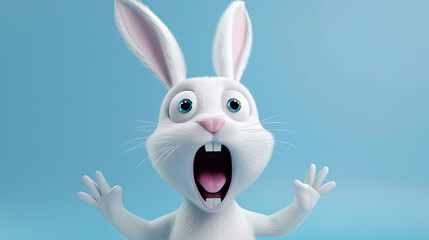 3d cartoon character of white bunny with open mouth on blue background