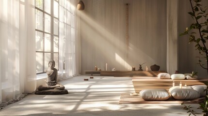 Yoga studio bathed in natural light, featuring a meditation corner with candles and a Buddha statue.