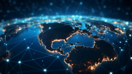 Digital global network ai generated background image. Interconnected continents with glowing nodes desktop wallpaper picture. Virtual connectivity photo backdrop. Digital mapping concept composition