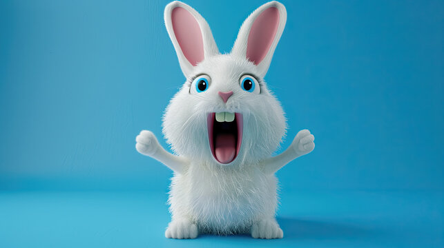 3d cartoon character of white bunny with open mouth on blue background
