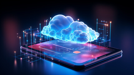 Cloud computing over smartphone ai generated image background. Smartphone technology close up picture wallpaper. Digital cloud mobile closeup photo backdrop. Data visualization concept photography