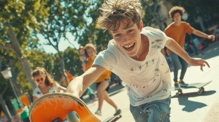 Group of cheerful teenagers with skateboards enjoying summer outdoors. - obrazy, fototapety, plakaty
