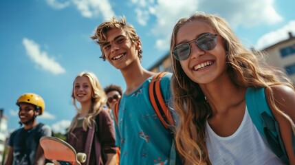 Group of cheerful teenagers with skateboards enjoying summer outdoors.