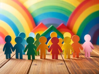 Group of colorful paper people on a wooden table over a rainbow background
