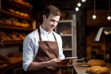 A man in a bakery apron is smiling and holding a tablet. He is likely checking orders or recipes on the tablet