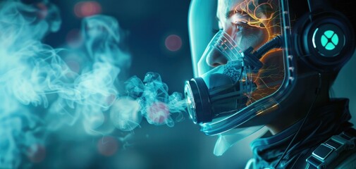 Fototapeta premium Bionic Future of Respiratory Care A Patient Utilizes a Nebulizer as Scientists Advance Bionic Lung Implants