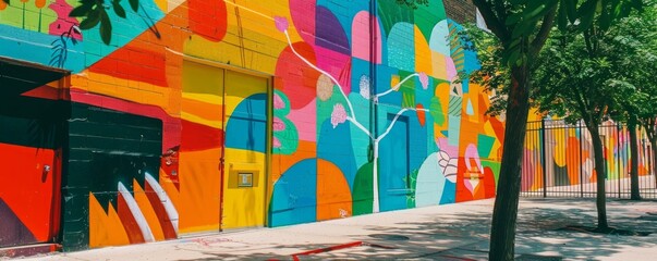 A vibrant mural on an urban wall, celebrating street art and community expression in a colorful city neighborhood