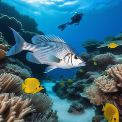 Naklejka na ściany i meble Fish at the bottom of the ocean. undersea world