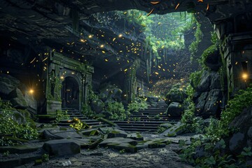 Mystical Underground Temple Lit by Fireflies its halls chambers illuminated by thousands of fireflies. The natural light reveals ancient with magical atmosphere created with Generative AI Technology