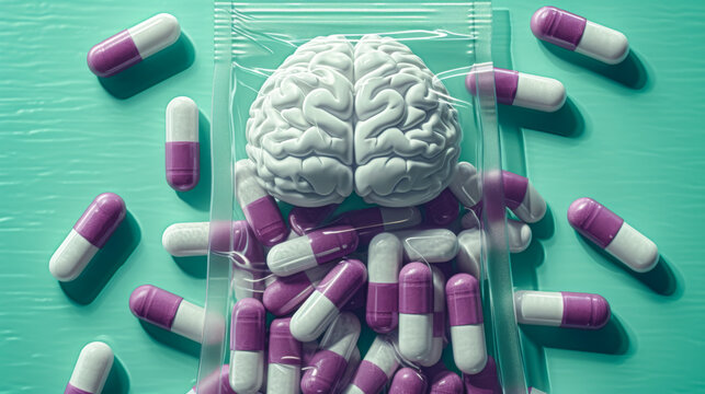 free space on the left corner for title banner with A realistic and detailed image of a clear plastic bag full of medicine. The small pills have the same shape as a brain, with smooth and rounded edge