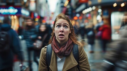 Woman with panic attack in crowded city.