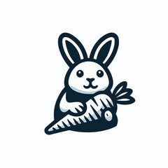 Small lovely rabbit holds giant carrot logo icon sticker tattoo.