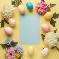 Naklejka na ściany i meble Easter holiday border and frame template. Happy Easter Day. Elegant egg and paper blank in center. Beautiful flower. Branding mock up, holiday marketing concept. soft color background