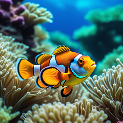 Naklejka na ściany i meble Clown fish on the ocean floor. Undersea world