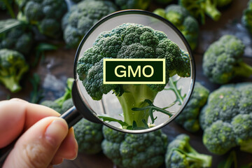 View through magnifying glass on fresh vegetables. GMO concept (1) - obrazy, fototapety, plakaty