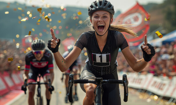 Professional female road cyclist celebrating the tour win - big crowd and gold confetti