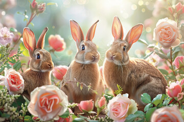 Fototapeta premium three cute brown rabbits in the garden with pink roses. spring nature background