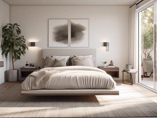  modern bedroom that serves as a sanctuary of calm and minimalist luxury. This space is designed with a refined aesthetic, featuring a monochromatic color scheme with subtle textures and sophisticated