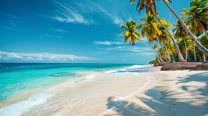 A serene beach scene with palm trees swaying gently in the breeze and crystal-clear turquoise water lapping at the shore